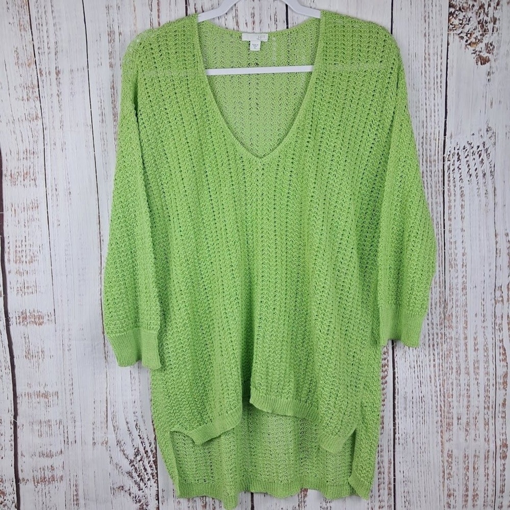 J. Jill  XL Apple Green Open Knit V-Neck Sweater Cotton Blend High Low Hem